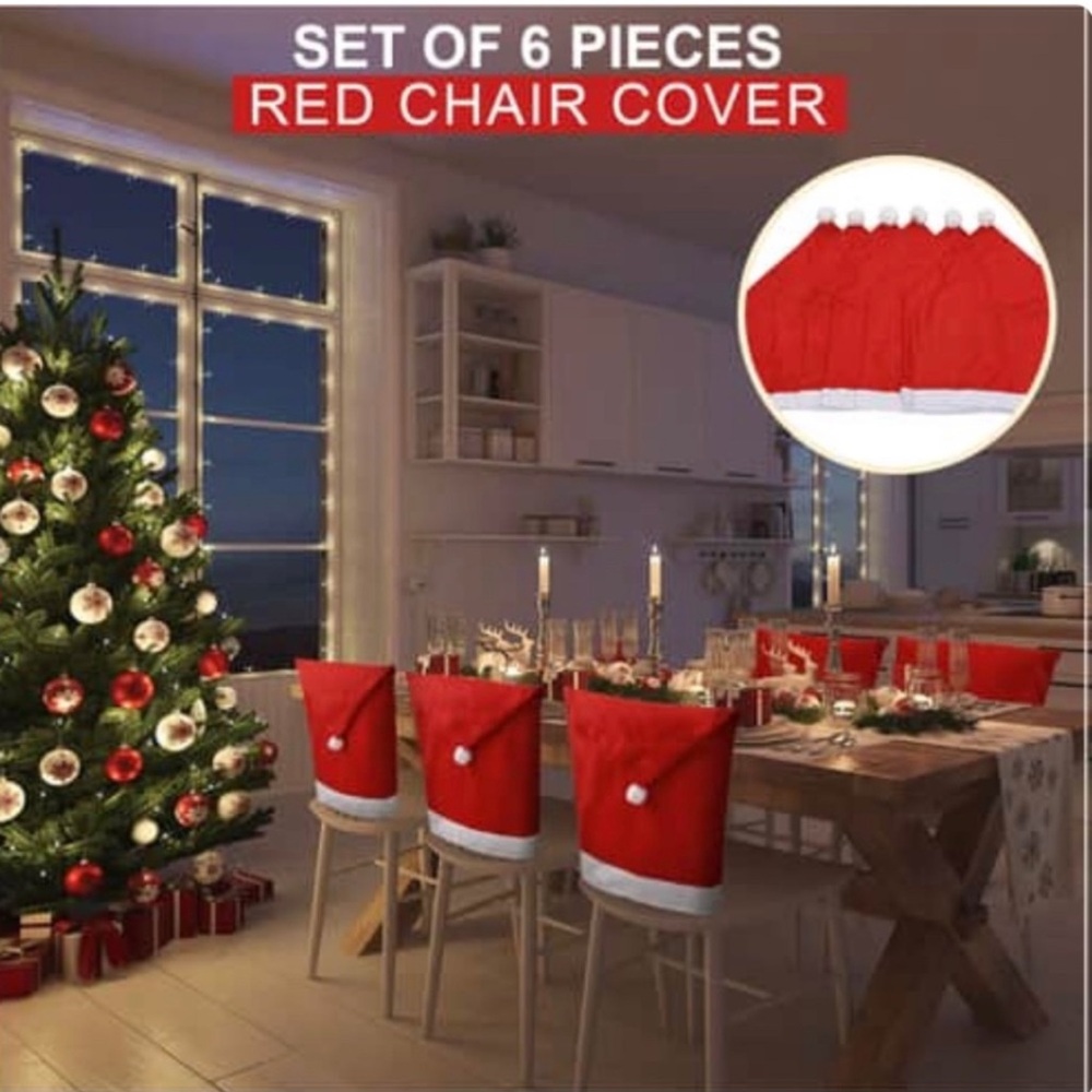 Santa Hat Set of 6 Red and White Chair Covers for Christmas Decorating